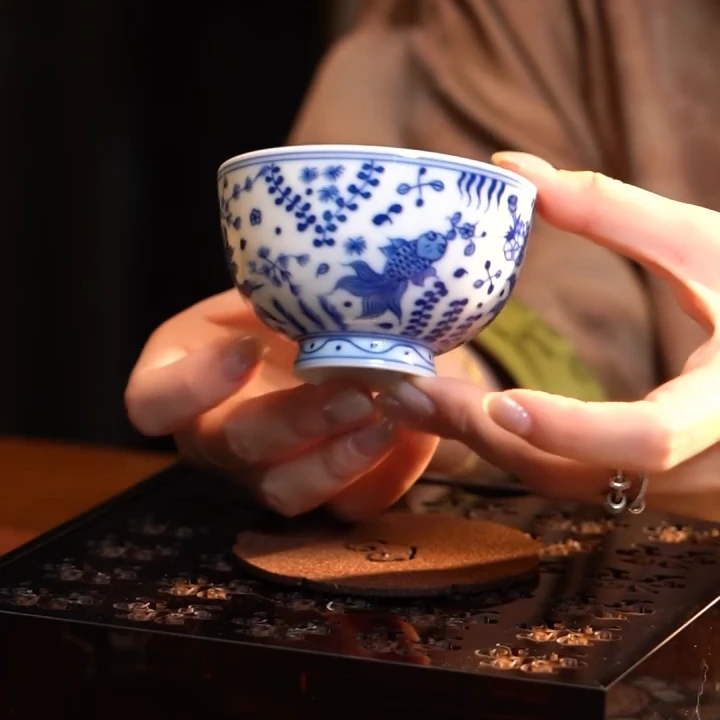 善墨柴窑 鱼藻直口杯 景德镇陶瓷纯手工 G