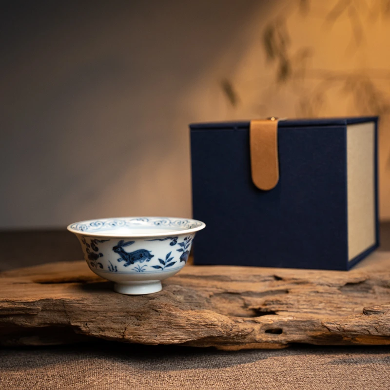 墨一堂 元青花兔纹小压手杯 手绘青花茶杯N