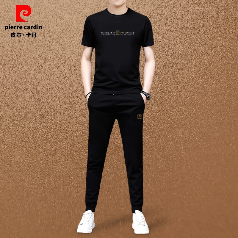 皮尔卡丹男士新品套装冰丝凉感修身显瘦大码上衣字母亮片简约时尚