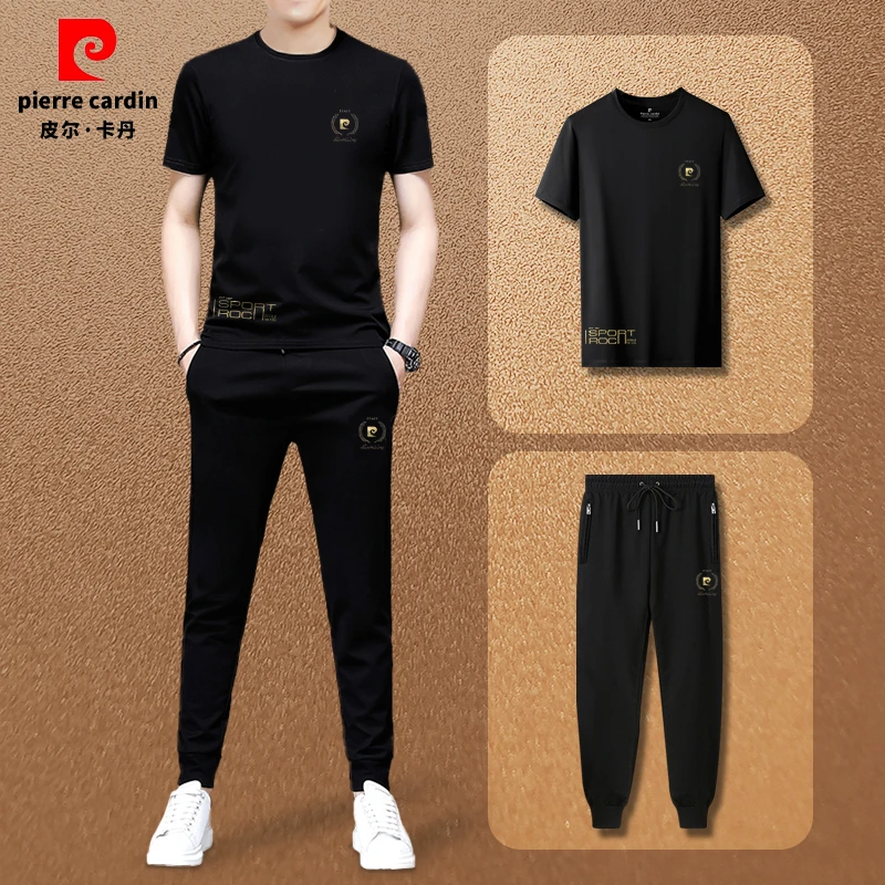 皮尔卡丹时尚两件装男士休闲短袖套装圆领针织黑色百搭小脚长裤男
