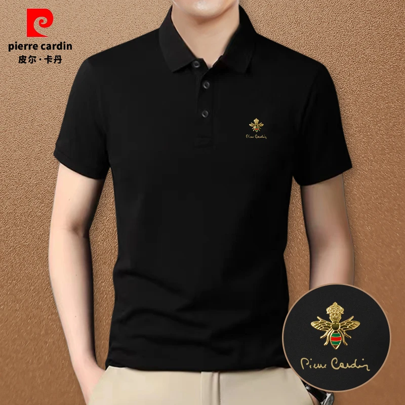 皮尔卡丹夏季经典小蜜蜂印花商务休闲翻领大码显瘦短袖男士针织衫