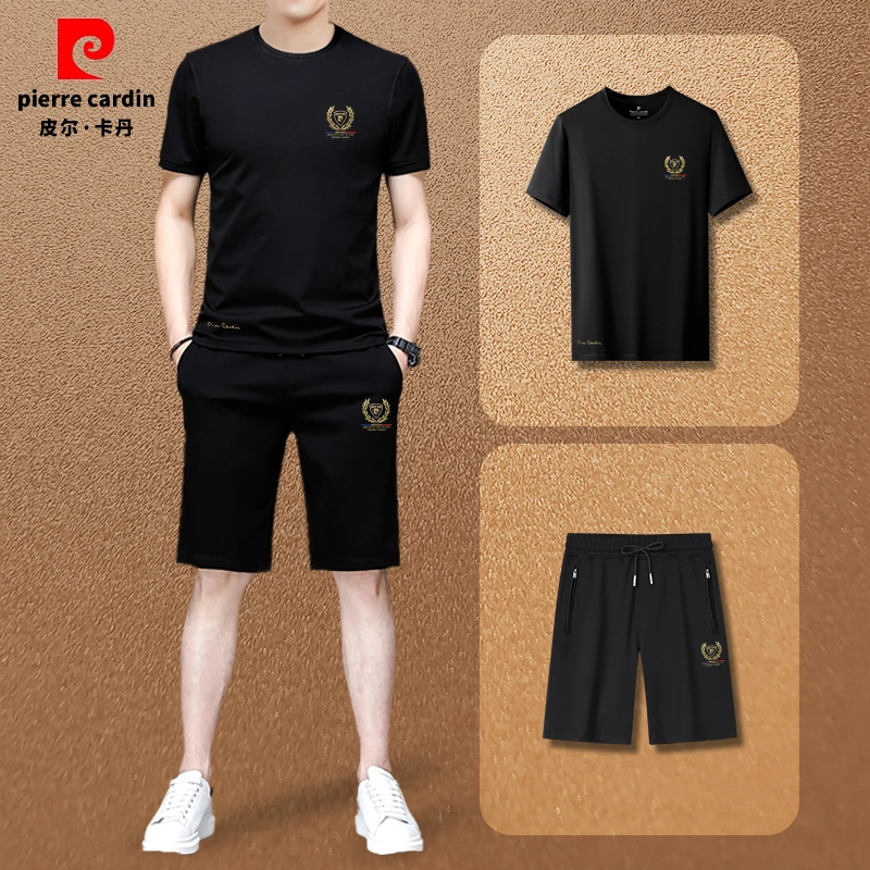 皮尔卡丹品牌夏季夏季两件装短裤套装圆领短袖男装显瘦针织半袖男