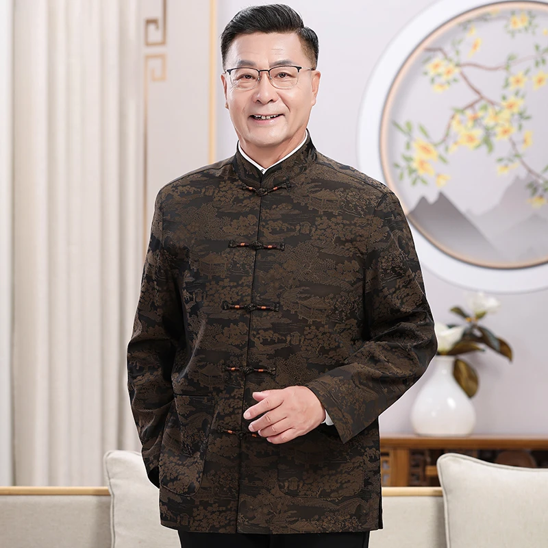 秋季老人唐装男款中国风套装男老年衣服休闲立领夹克上衣中式复古