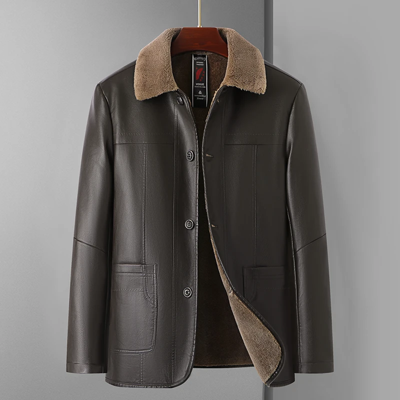 高档中老年翻领保暖皮衣男皮夹克爸爸装冬季加绒加厚外套皮毛一体