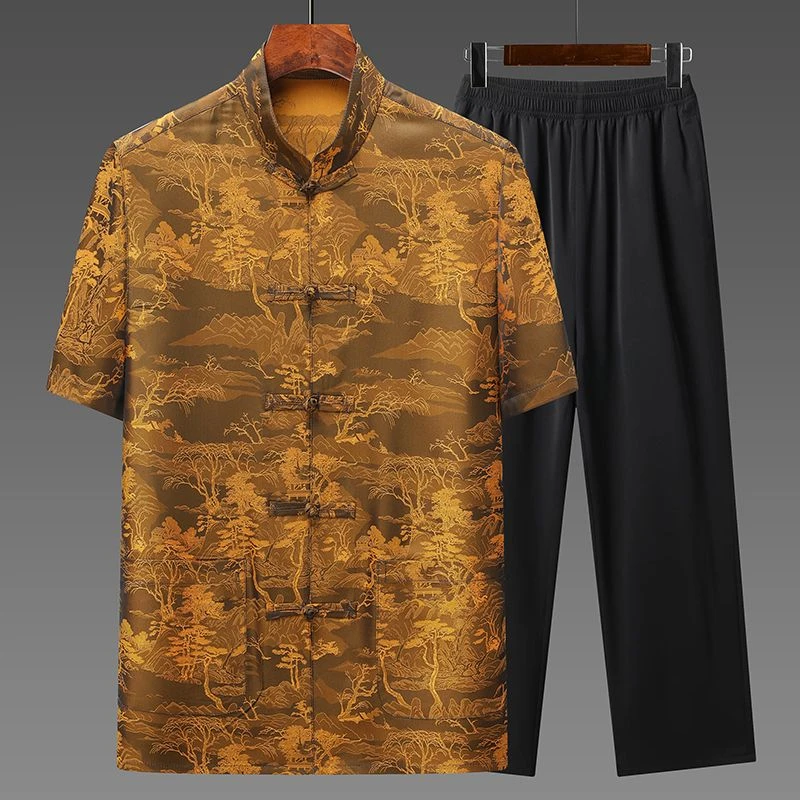 夏季中式短袖高档桑蚕丝男士男装唐装中国风中老年爸爸装爷爷装