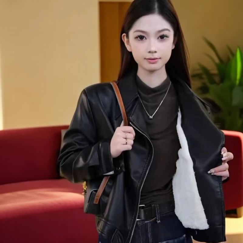 秋冬短款女士pu皮夹克气质百搭时尚机车服海宁加绒加厚皮衣外套女