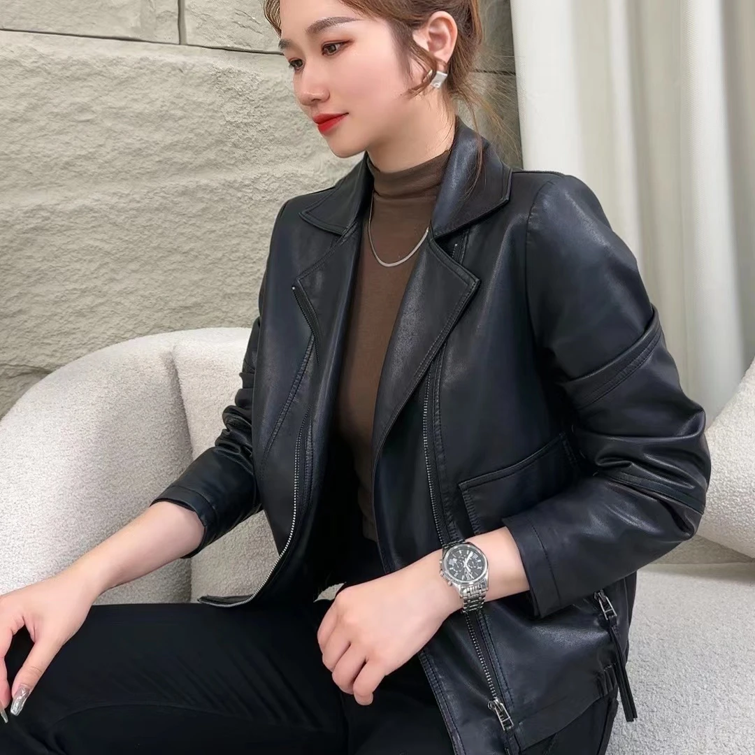 海宁皮衣外套女翻领时尚百搭韩版休闲秋季pu皮夹克修身春秋机车服