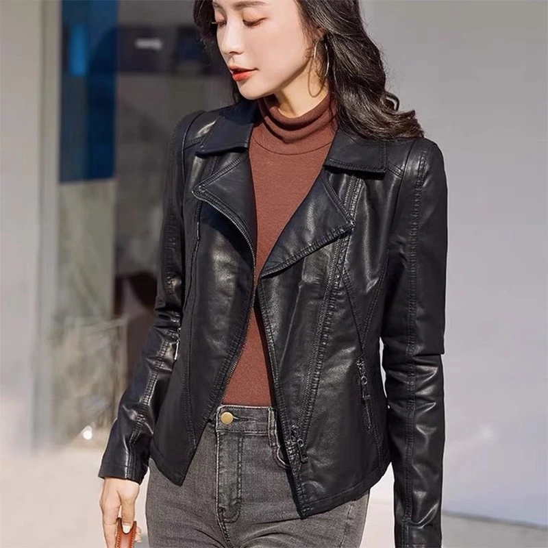海宁皮衣外套女春秋时尚PU皮夹克女士韩版翻领秋冬百搭加棉修身款