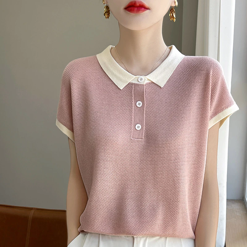 品牌显瘦气质时尚休闲百搭夏季薄款减龄翻领飞飞袖撞色