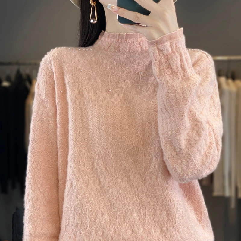 2024年套头品牌蕾丝边打底衫针织衫内搭时尚百搭纯色秋冬提花