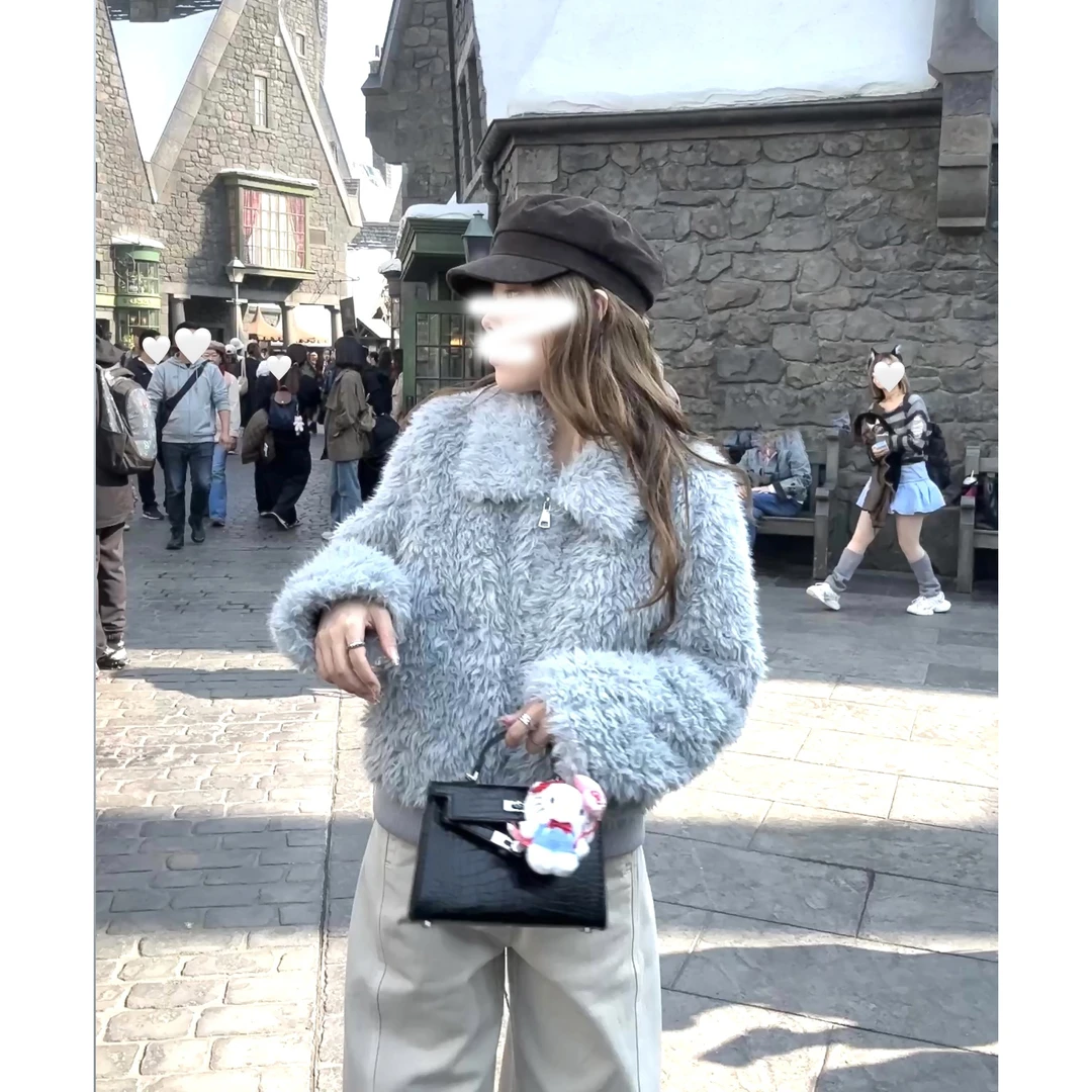 雪域冰川 秋冬小翻领拉链小香风毛毛外套女冬百搭减龄短款上衣女