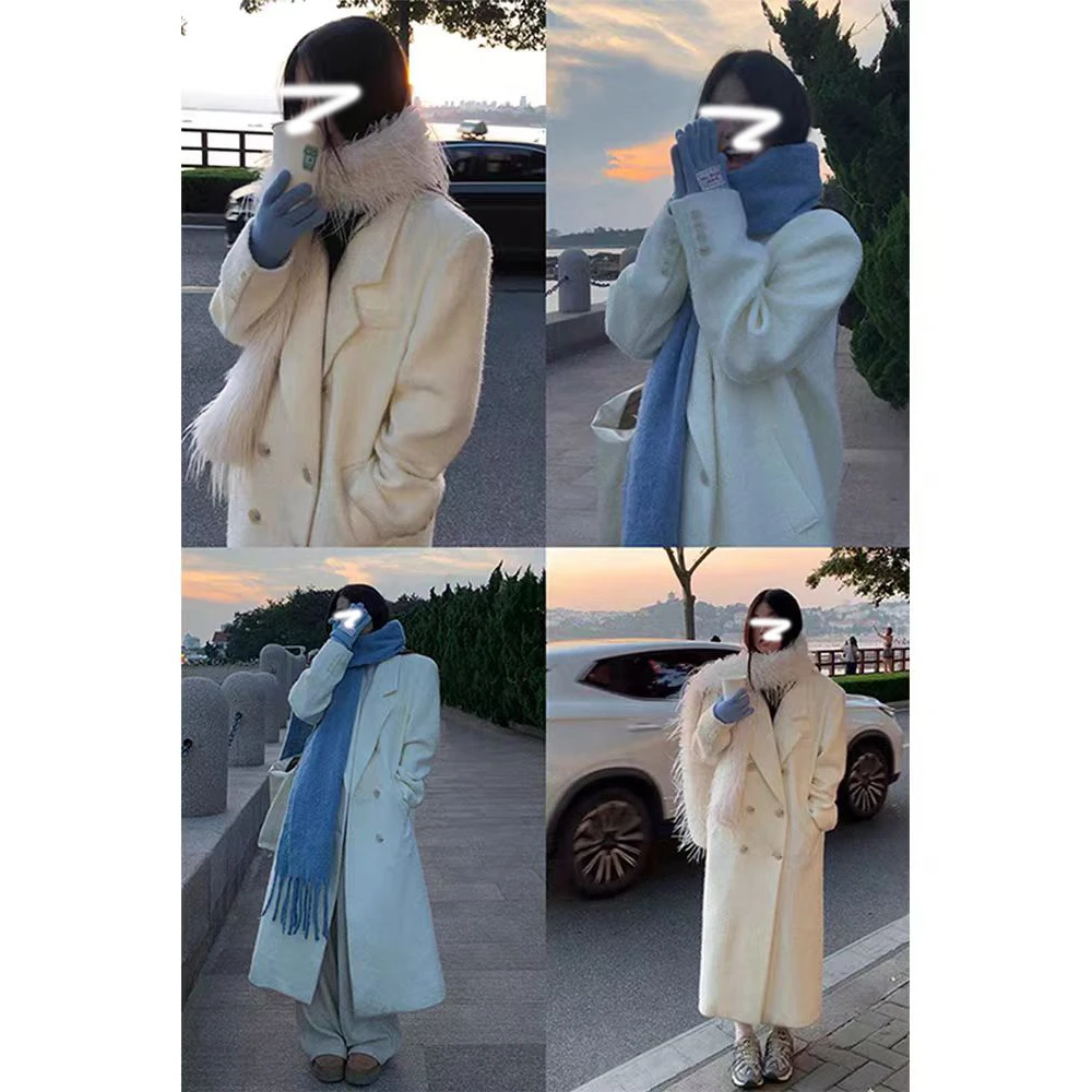 韩版大衣女秋冬高级感新款白色正肩宽松呢子西装领中长款毛呢外套