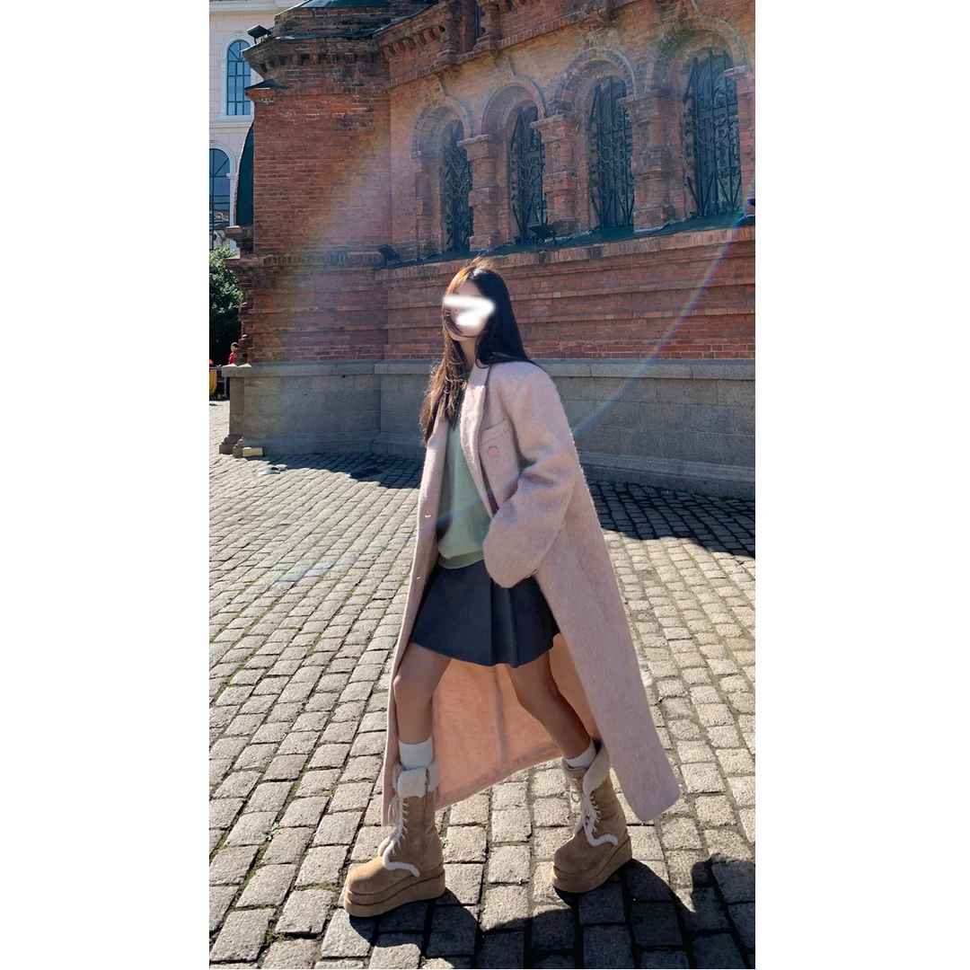 时尚休闲大衣秋冬新款高级呢子长款粉色西装领加厚保暖毛呢外套女