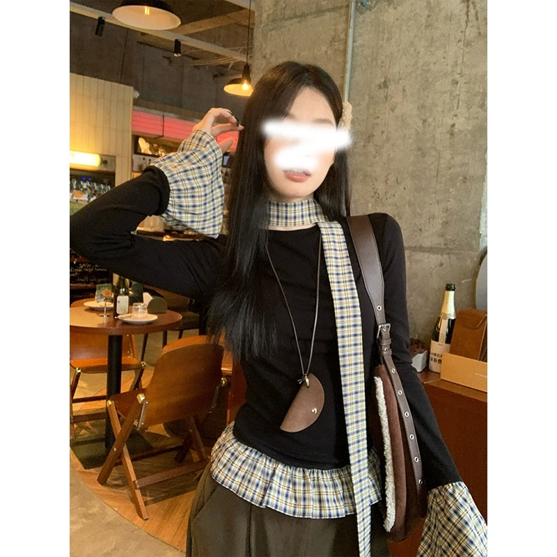 假两件复古格纹拼接黑色打底衫女春秋洋气内搭修身长袖t恤上衣女