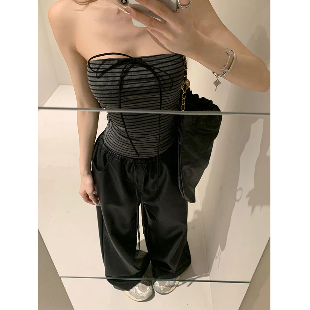 设计感一字肩条纹绑带打底衫女秋长袖露肩修身百搭T恤抹胸上衣女