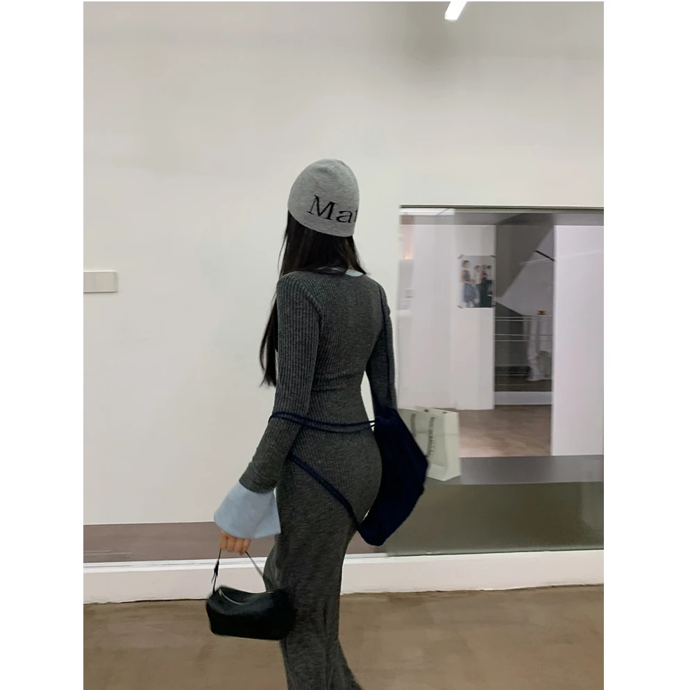 长袖针织显瘦连衣裙女春秋2025新款韩系拼接法式毛衣包臀长裙女