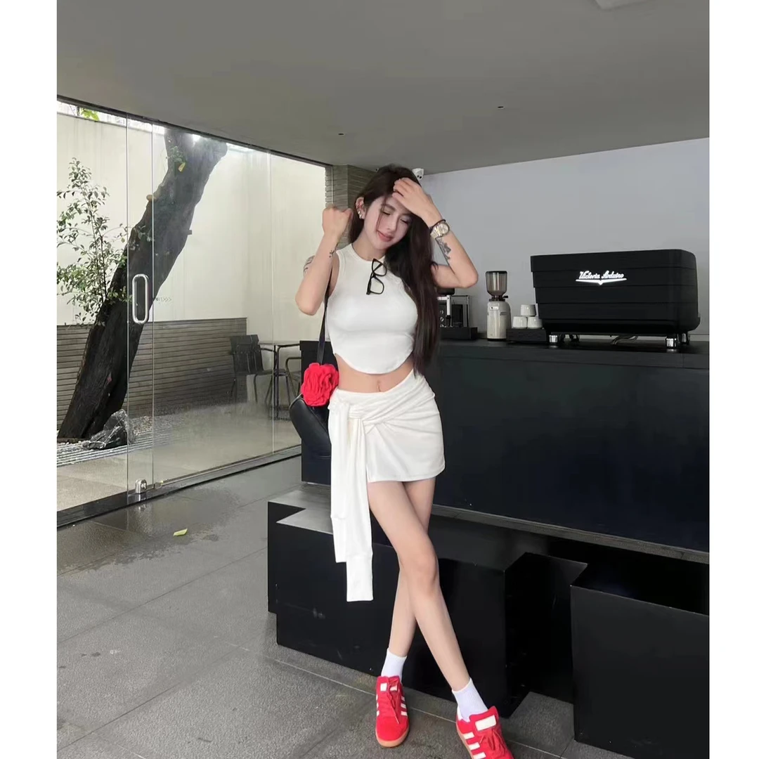 美式辣妹短款工字背心修身显瘦无袖上衣+开叉包臀短裙夏季套装女