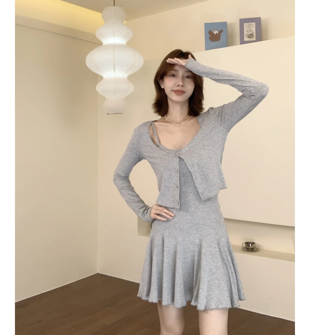 夏装新款修身百搭气质无袖吊带背心连衣裙+薄款开衫防晒衣套装女