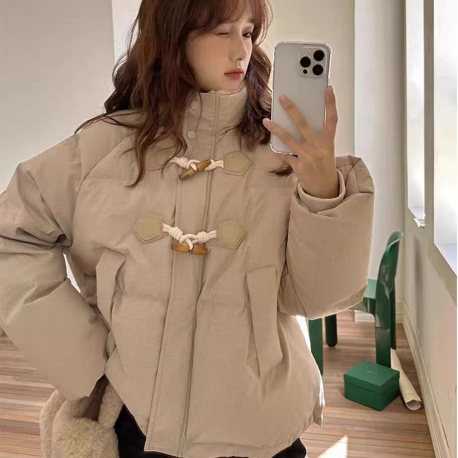 不勾丝豆乳色复古牛角扣爆款棉衣棉服女韩版小个子棉袄外套23808