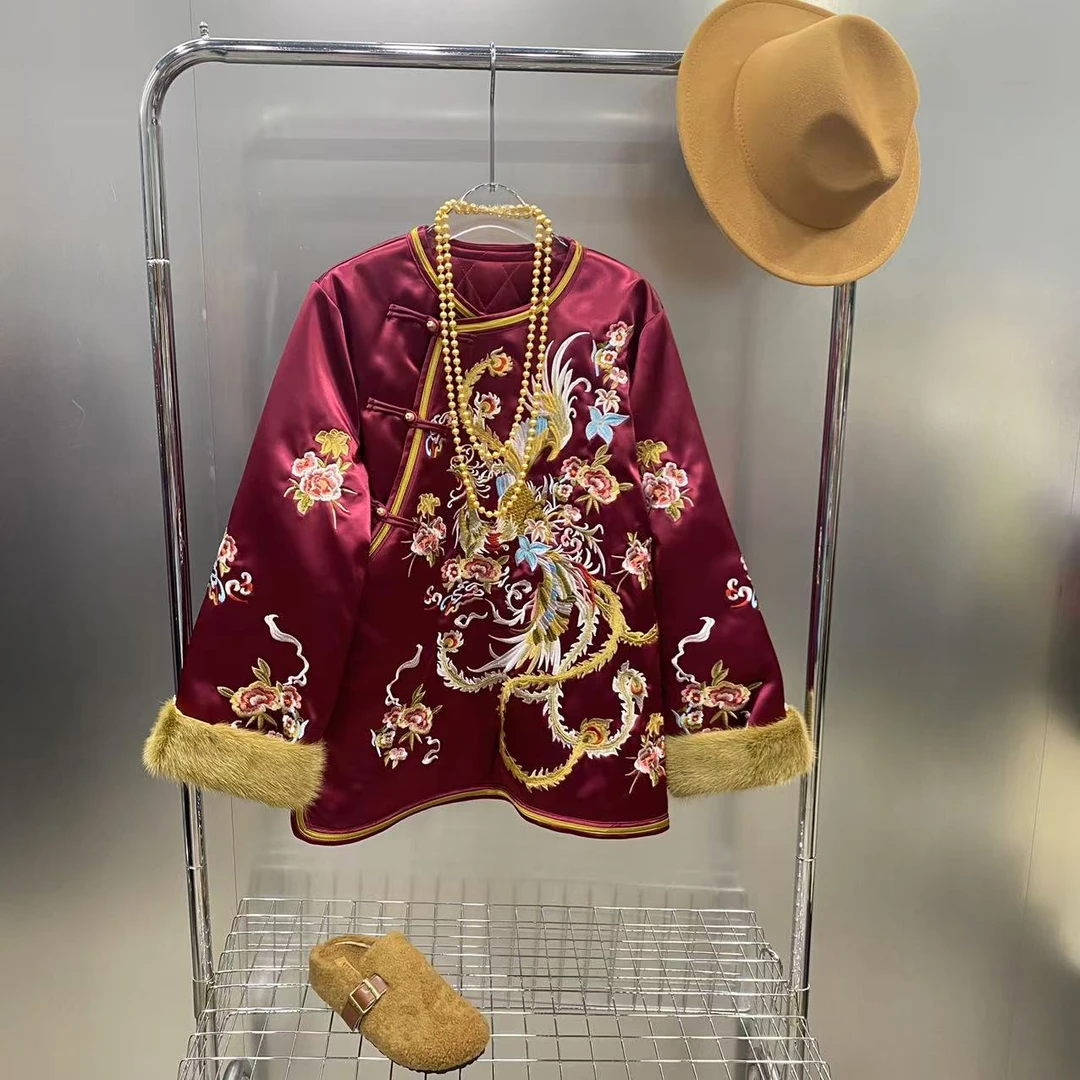 【优搭严选】时尚百搭小众设计款缎面刺绣拼毛边斜襟上衣905-B