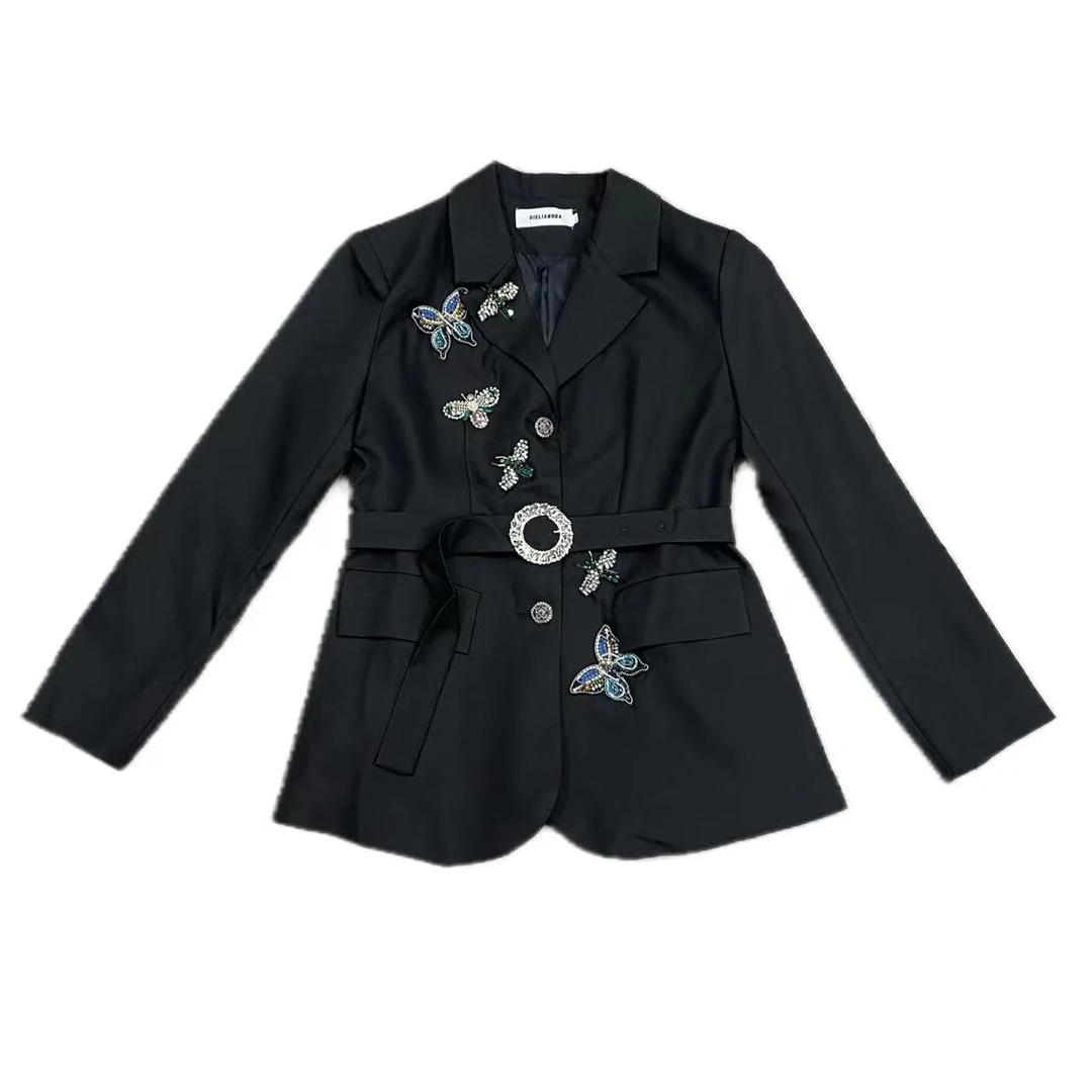 【优搭严选】气质时尚小众重工蝴蝶钉珠韩版潮流西装（配腰带）A457