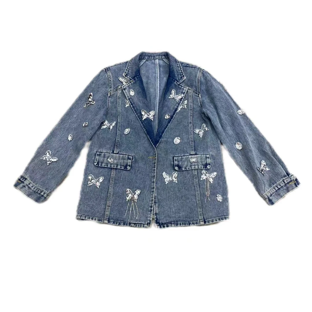 【优搭严选】时尚百搭气质轻奢蝴蝶流苏小众牛仔西服外套A700