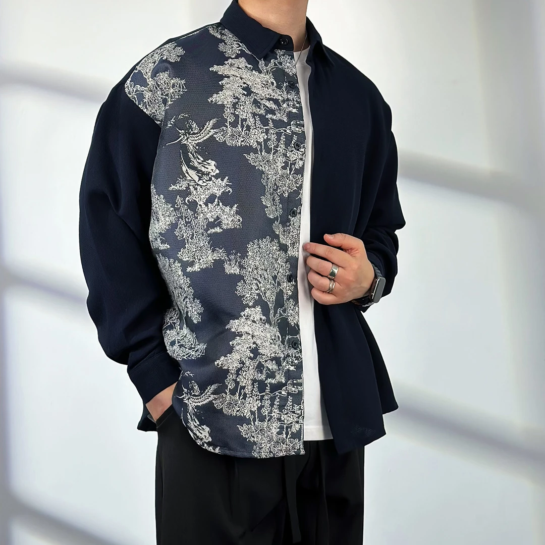 【国风梧桐】秋冬新款拼接绅士衬衫长袖男士休闲复古宽松外套C085
