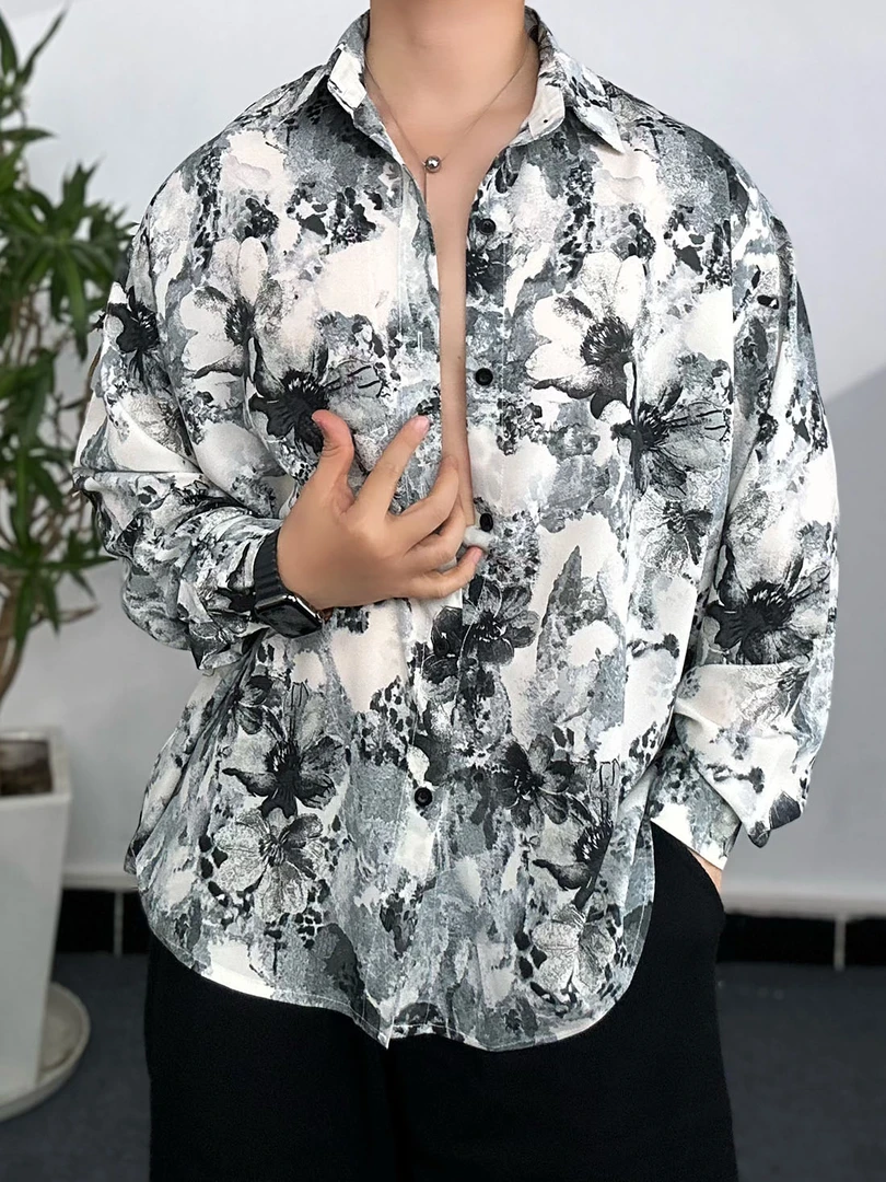 【青棠】国风扎染水墨衬衫夏季薄款休闲长袖男士小众花衬衣百搭C168