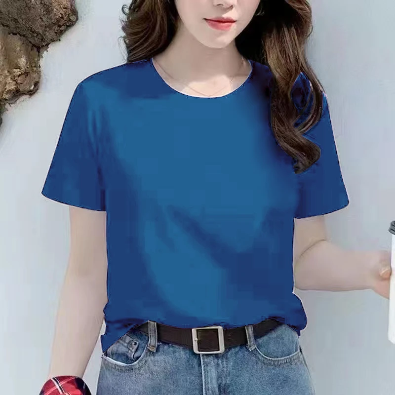 2023年夏新款百搭纯棉圆领短袖休闲上衣女纯色印花打底衫时尚显瘦