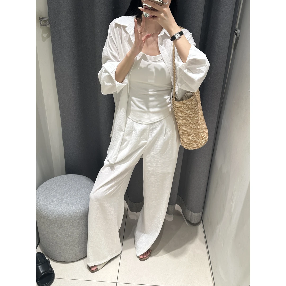 清仓【 松弛有度】加长老钱风亚麻长袖衬衫薄款防晒套装JY364