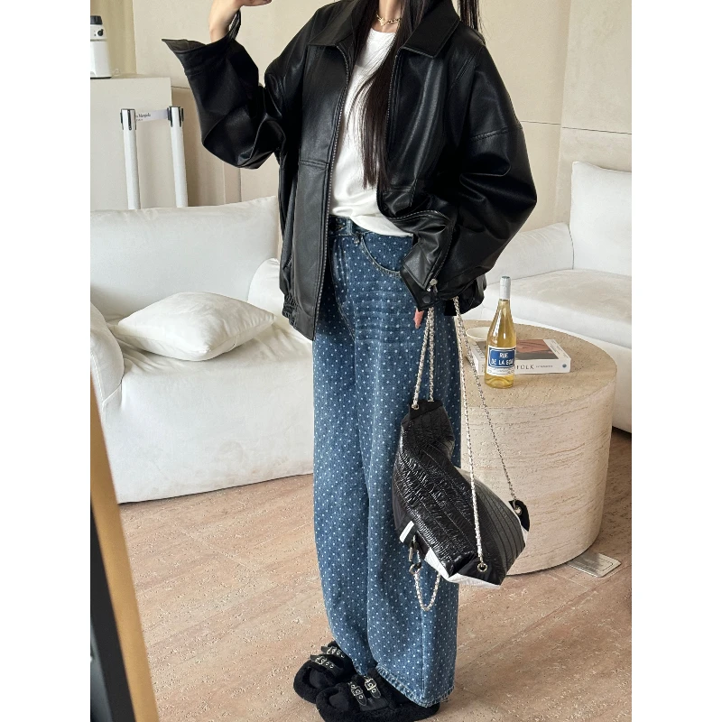 清仓【c位牛仔】加长早春复古时髦波点牛仔阔腿裤JY215