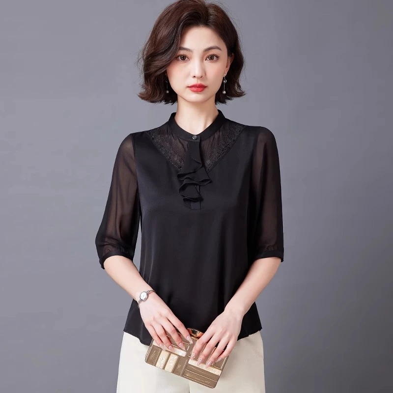 时尚设计感小众可爱衬衫女2025年夏季新款半袖通勤百搭黑色上衣夏