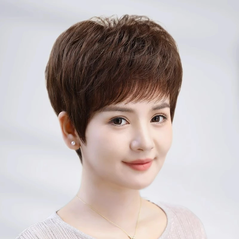 假发女短发全头套真人发丝中老年妈妈款自然轻薄假发套光头真发套