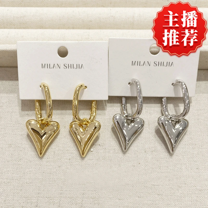 铜合金耳饰 轻奢欧美冷淡风耳环个性金属亮面爱心耳饰两戴耳扣
