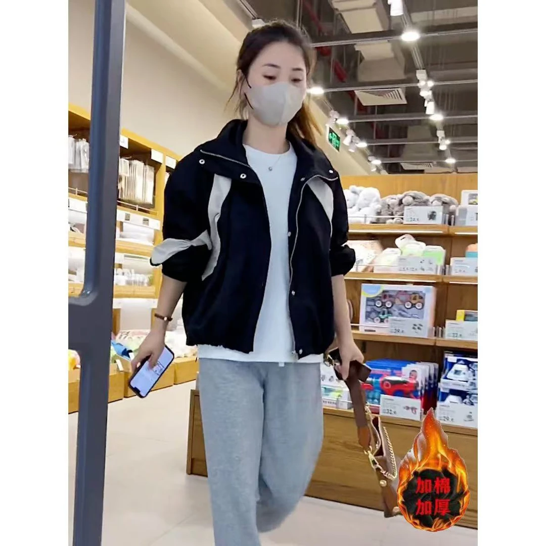 8225加棉加厚宽松休闲显瘦连帽外套时尚百搭短款上衣夹克冲锋衣