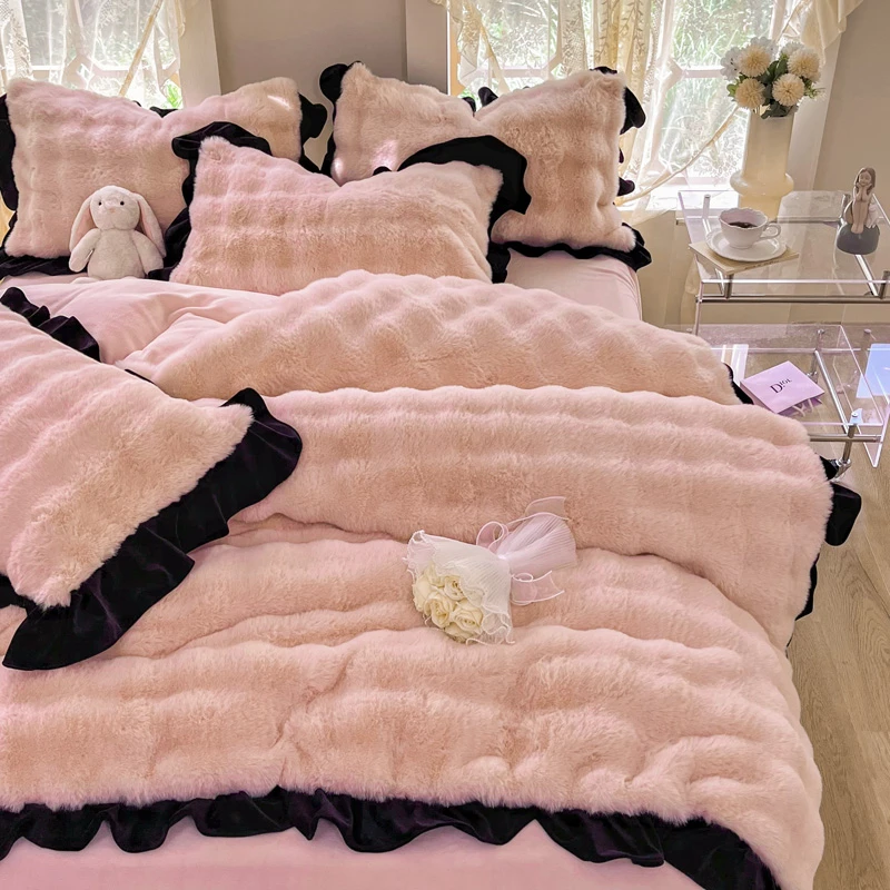 善居牛奶绒冬款床单四件套法式花边双面加厚珊瑚兔兔绒公主风被套