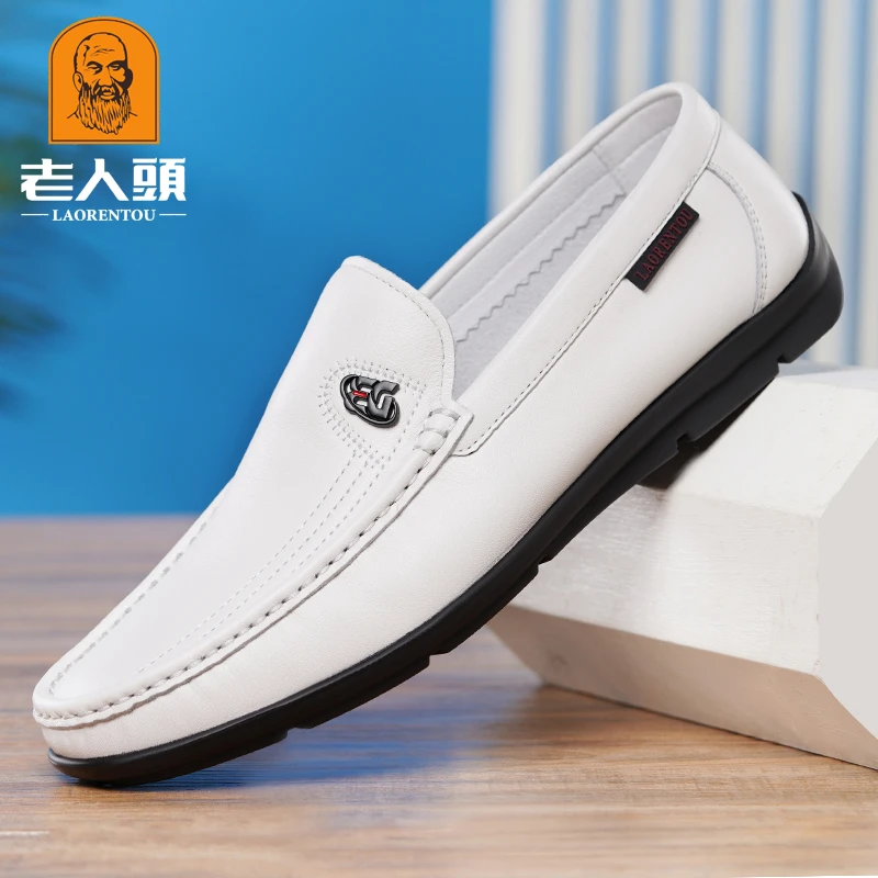老人头皮鞋男春季男士豆豆鞋真皮透气休闲小白鞋软底一脚蹬懒人鞋