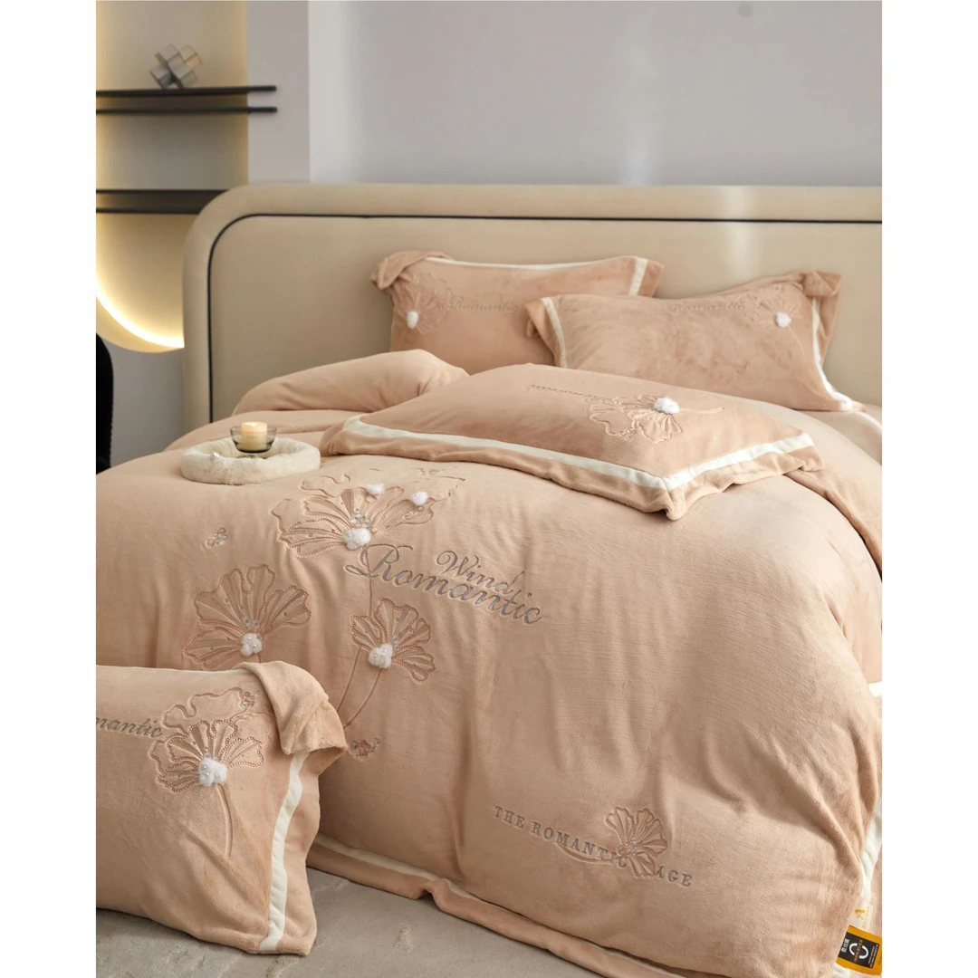 张总专属-刺绣四件套床上用品加厚加密冬季双面绒牛奶绒-清风飞扬