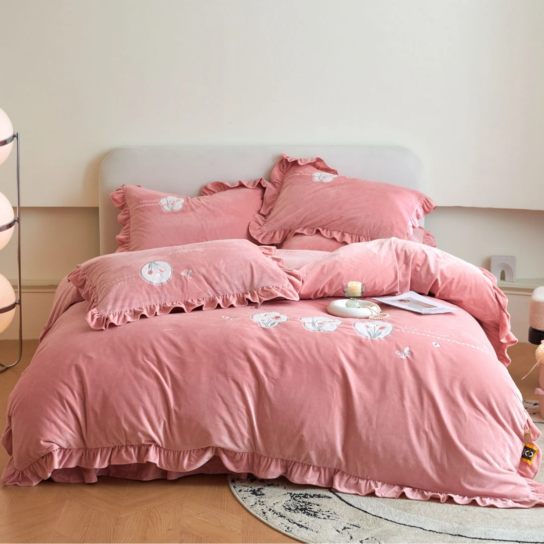 【梦玲微雨】轻奢加绒加厚绣花郁金香重工贴布绣冬季床盖四件套磨毛