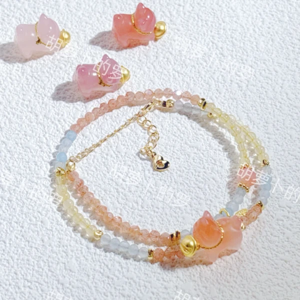 非金属布艺手链 溜达猫·新中式串珠轻奢时尚百搭弹力七夕国风手串