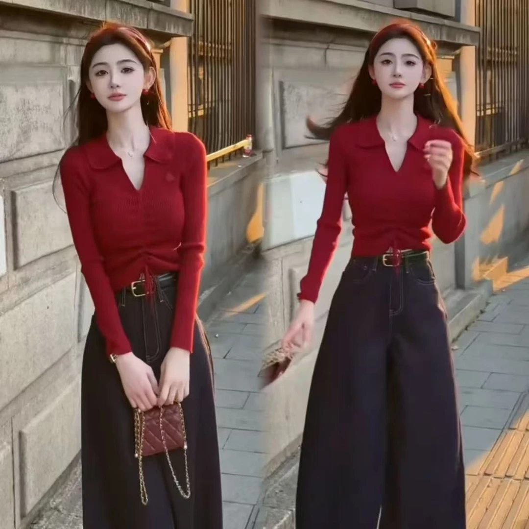 红色半开领抽绳针织衫女秋季短款设计感小众外穿修身显瘦毛衣上衣