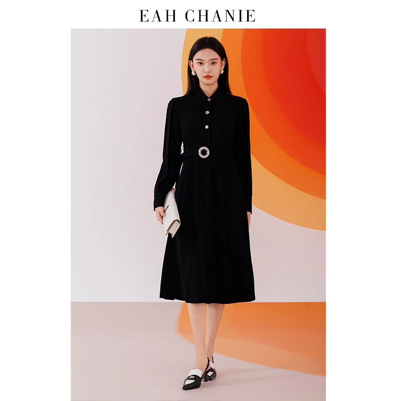 EAHCHANIE 气质腰带简约长袖连衣裙 9639CL225