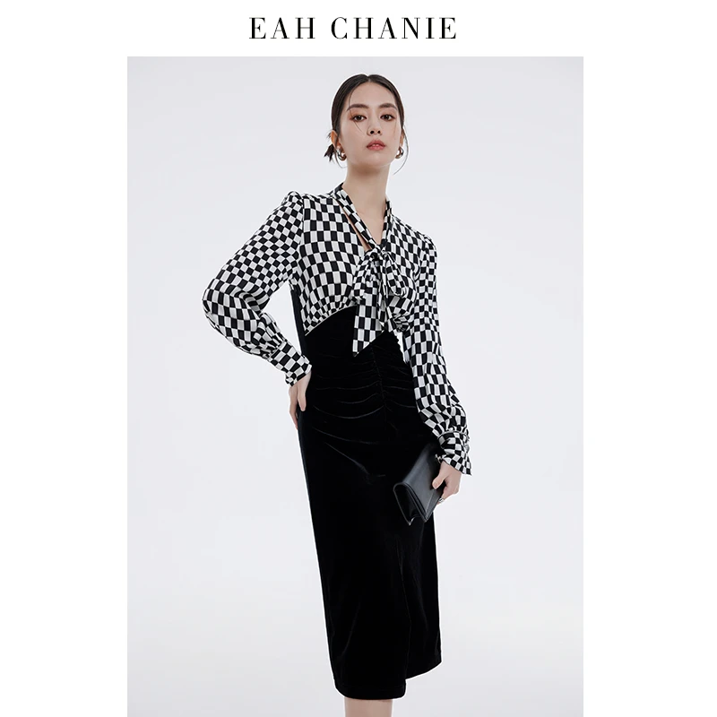 EAH CHANIE格子拼接长袖高腰气质格纹连衣裙黑白印花裙9719CL380