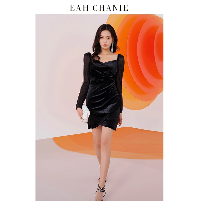 EAH CHANIE肩部钻显瘦带网纱长袖轻奢小众连衣裙9639YL202