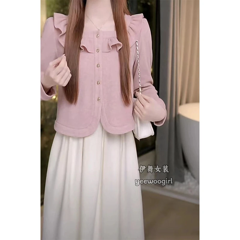 【伊舞】2025春季法式荷叶衬衫边方领正肩设计感甜美长袖百搭女衫