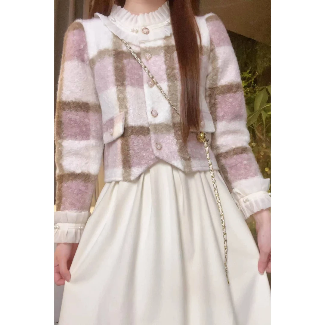 【伊舞】小香风复古格纹羊羔绒衬衫外套女2025新款短款拼接长袖上衣