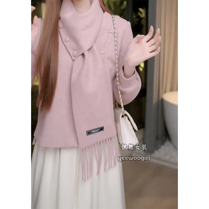 【伊舞】2025秋冬新款毛呢外套女法式高级感短款气质粉色上衣