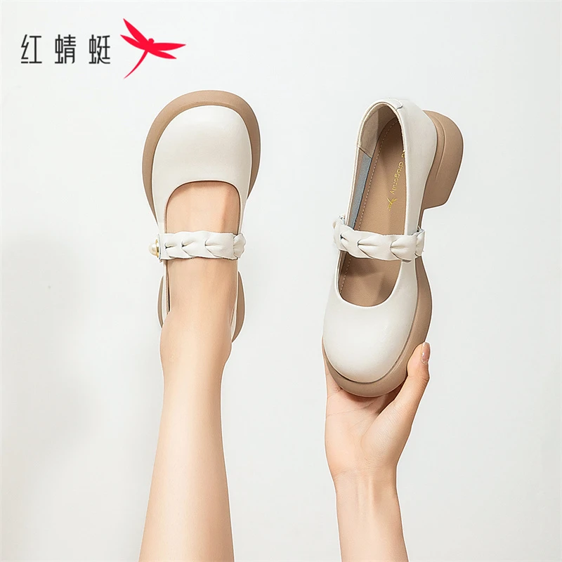 红蜻蜓百搭玛丽珍圆头秋季小皮鞋女法式浅口平底单鞋软底秋季季