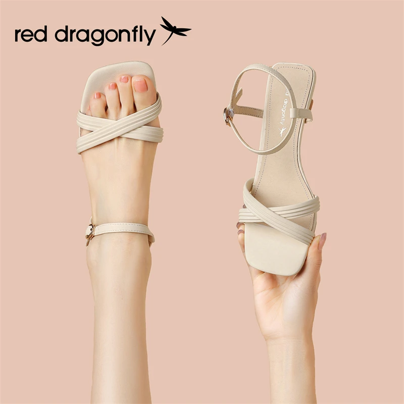 红蜻蜓女网红气质法式厚底时尚百搭夏季简约仙女风一字带方头凉鞋