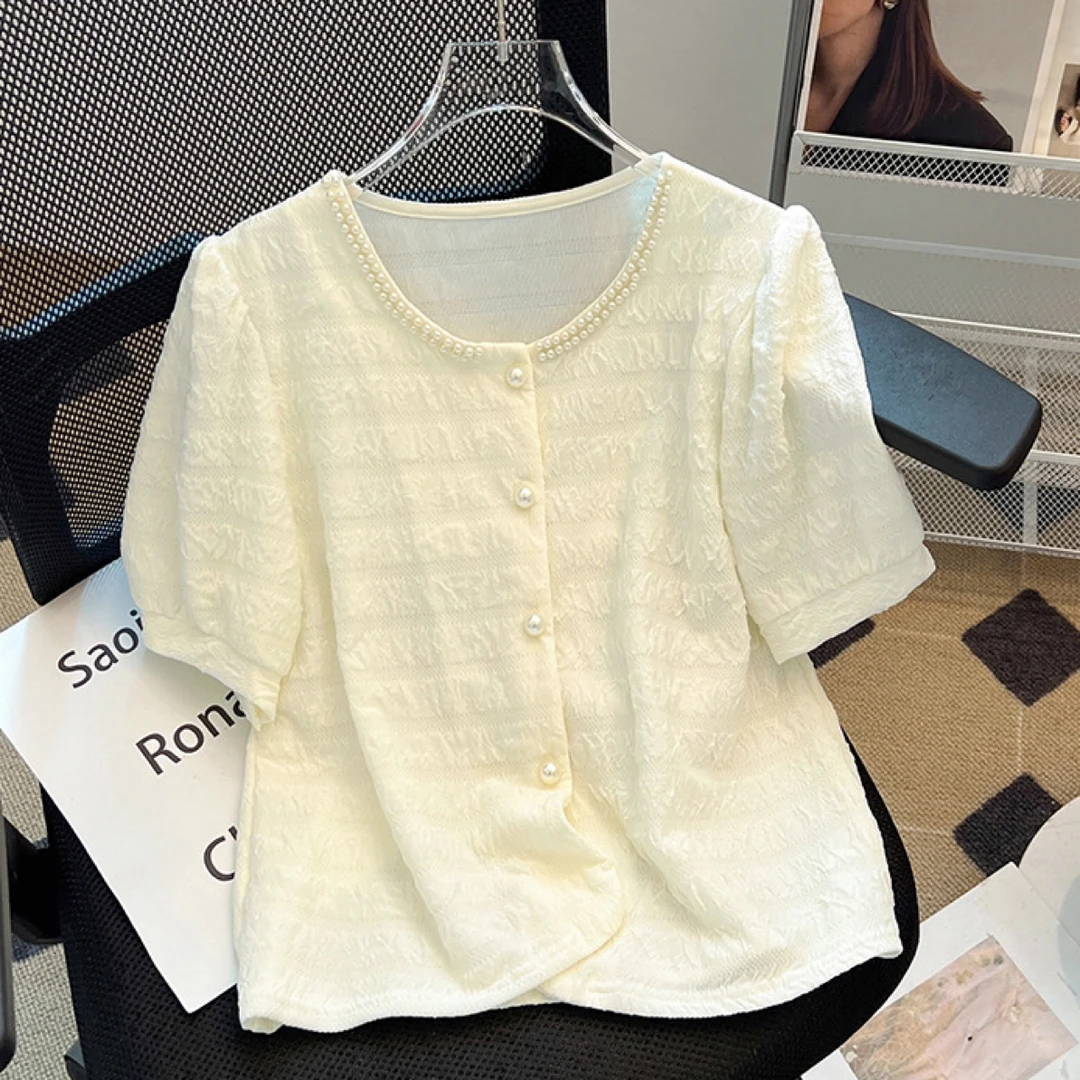 春夏秋新款法式显瘦小香风圆领短袖衬衫女设计感开衫珍珠大码上衣